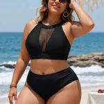 Plus Size Solid Two Piece Bikini Set High Waist Halter Neck 1 | PricZone