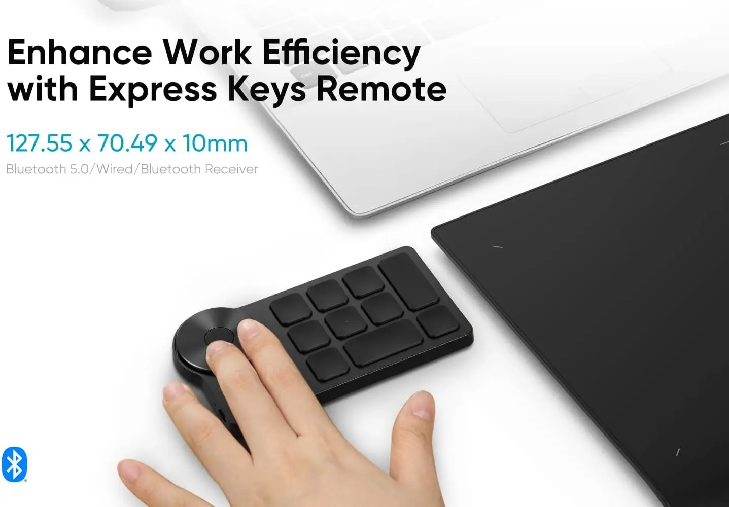 Hand using a small Bluetooth Express Keys remote keypad beside a laptop and tablet in an ad image.
