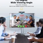 4K HD Wide Angle Webcam with Microphone Remote 3 | PricZone Meeting room with a large screen showing a video conference and a 120° wide viewing angle indicator verschiedenen teammates around a table | PricZone