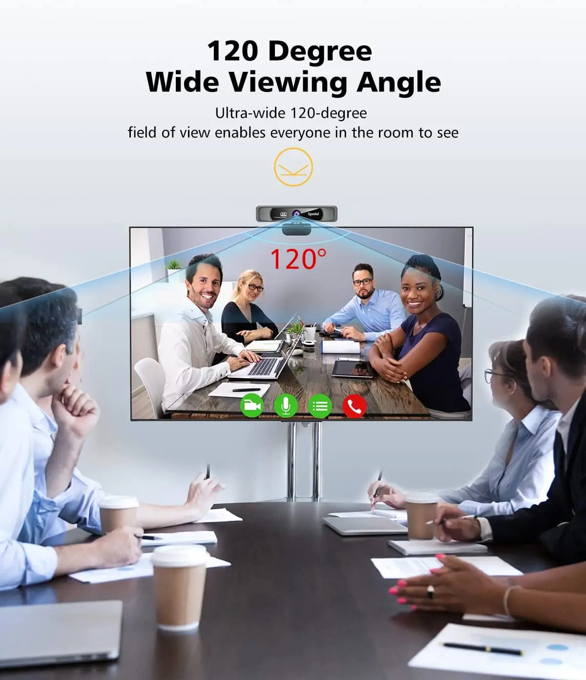 4K HD Wide Angle Webcam with Microphone Remote 3 | PricZone Meeting room with a large screen showing a video conference and a 120° wide viewing angle indicator verschiedenen teammates around a table | PricZone
