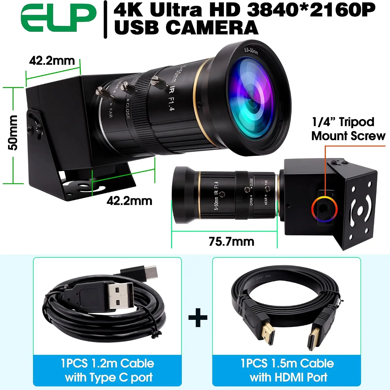 ELP 4K Ultra HD USB camera with 1/4" tripod mount; approx 50x42mm; shows included USB-C and HDMI cables.