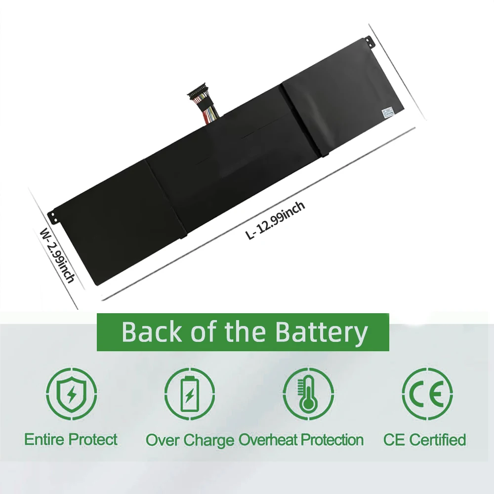 Xiaomi Mi Pro 156 Inch Laptop Battery R15B01W 5 | PricZone Back of a long black laptop battery with a small connector on top green safety icons appear below and a Back of the Battery banner across the bottom area | PricZone