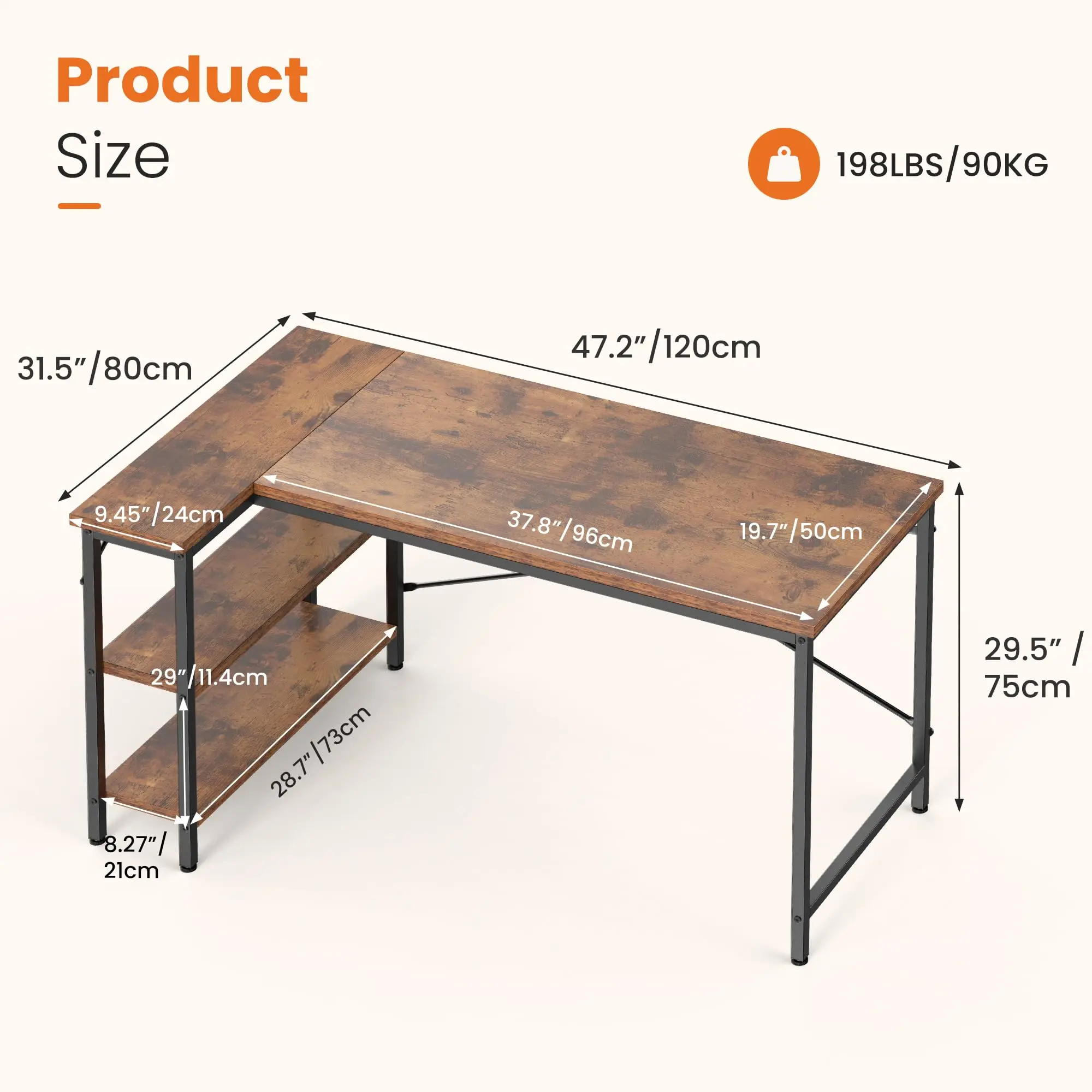 Infographic showing a rustic wood desk with a black metal frame and labeled dimensions (e.g., 31.5"/80 cm wide, 47.2"/120 cm long, 19.7"/50 cm deep).
