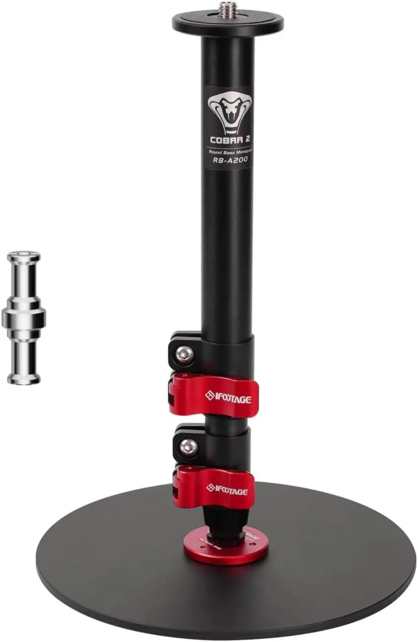 Adjustable camera mount with black vertical tube, red quick-release clamps, and a round base plate