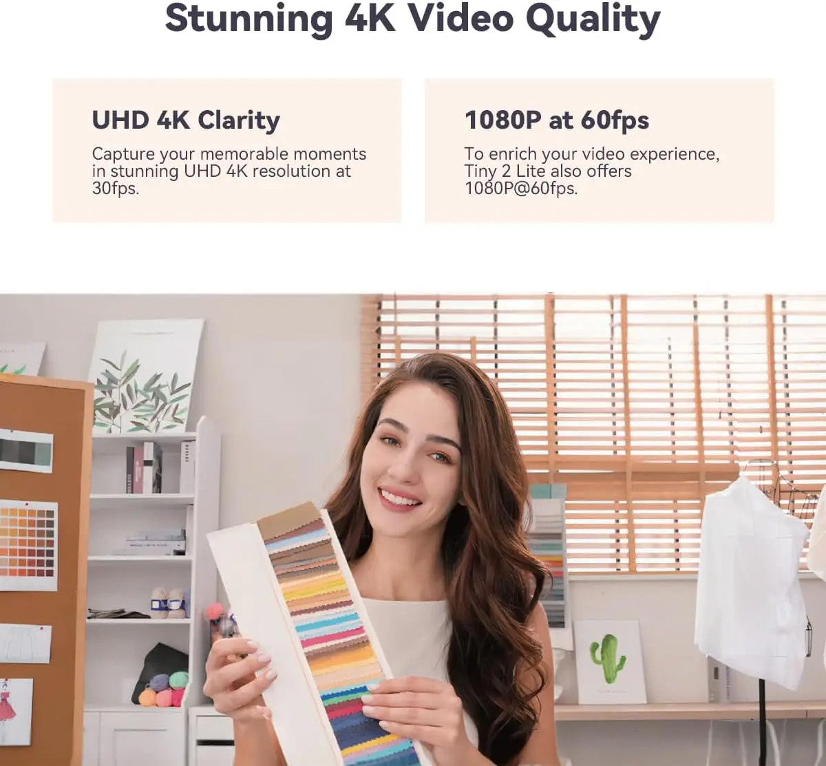 Smiling designer in a bright studio holds a color swatch book, with a 'Stunning 4K Video Quality' header above.
