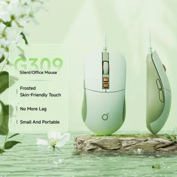 G309 silent/office mouse on a pale green background, highlighting frosted skin-friendly touch and portability.