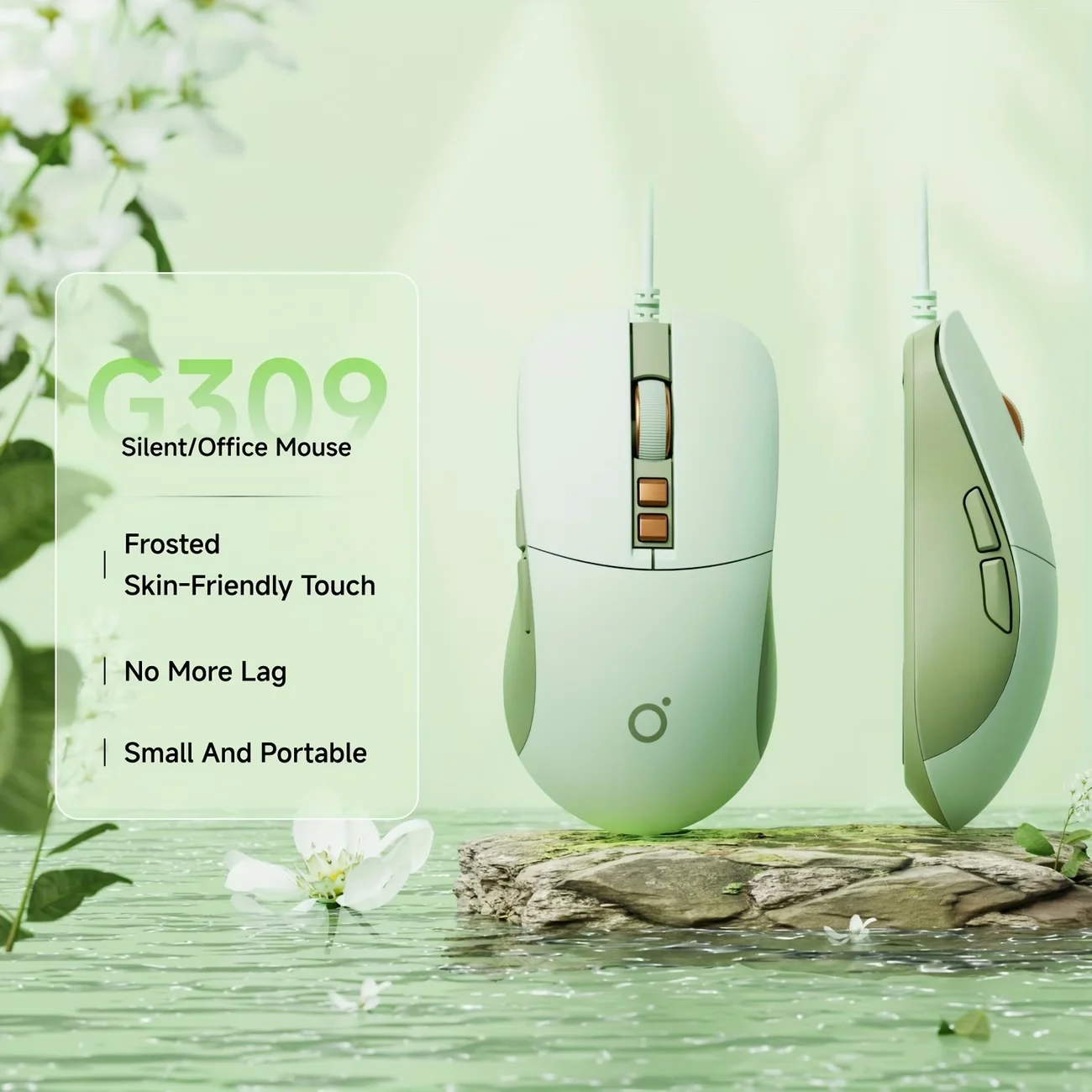 Ergonomic Silent Click USB Optical Mouse 2400 DPI 1 | PricZone G309 silentoffice mouse on a pale green background highlighting frosted skin friendly touch and portability | PricZone