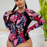 Plus Size Long Sleeve One Piece Swimsuit with Tropical Leaf 5 | PricZone