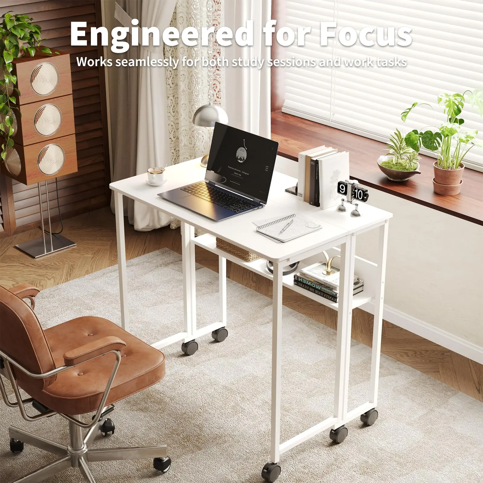 SpaceSaving Computer Desk with Storage Shelf and Wheels 8 | PricZone White rolling desk with laptop notebook and books in a bright home office with potted plants by a window | PricZone
