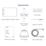 Huion H950P Ultrathin Graphic Tablet Digital Drawing Pen 6 | PricZone Accessories diagram for Huion H950P tablet with OTG adapters 8 pen nibs battery free pen quick start guide pen holder and micro USB cable | PricZone