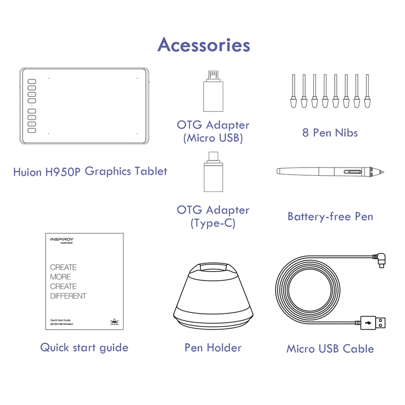 Huion H950P Ultrathin Graphic Tablet Digital Drawing Pen 6 | PricZone Accessories diagram for Huion H950P tablet with OTG adapters 8 pen nibs battery free pen quick start guide pen holder and micro USB cable | PricZone