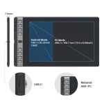 Huion Inspiroy 2 L Graphics Tablet Drawing with Pw110 3 | PricZone Graphics of a drawing tablet showing Android and PC mode screen areas with dimensions left side shows a slim pen and side buttons bottom highlights USB C port and material ABS+PC with separate circular insets | PricZone