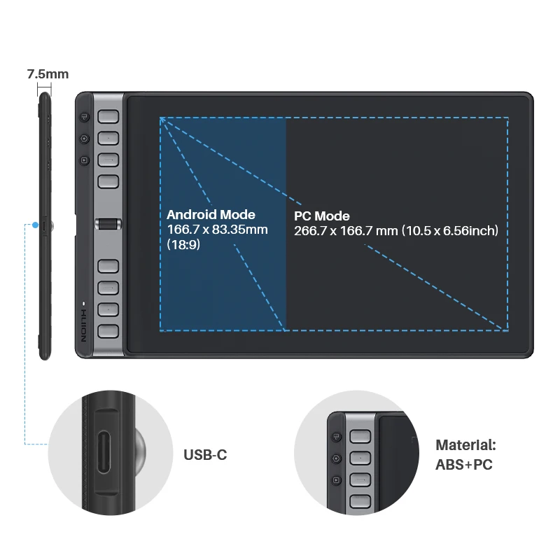 Huion Inspiroy 2 L Graphics Tablet Drawing with Pw110 3 | PricZone Graphics of a drawing tablet showing Android and PC mode screen areas with dimensions left side shows a slim pen and side buttons bottom highlights USB C port and material ABS+PC with separate circular insets | PricZone