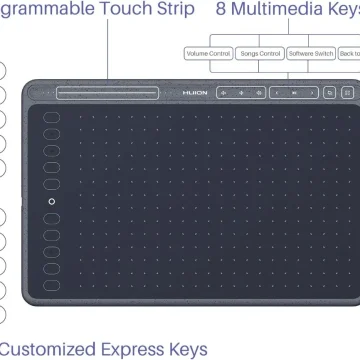 Diagram of a Huion tablet showing a top programmable touch strip, eight multimedia keys, and ten left-side express keys.