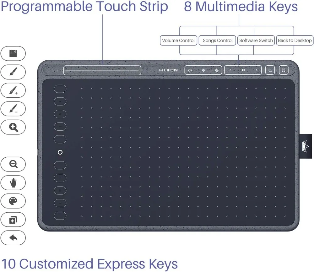 Graphics Drawing Tablet with 8192 Pressure Sensitivity 2 | PricZone Diagram of a Huion tablet showing a top programmable touch strip eight multimedia keys and ten left side express keys | PricZone