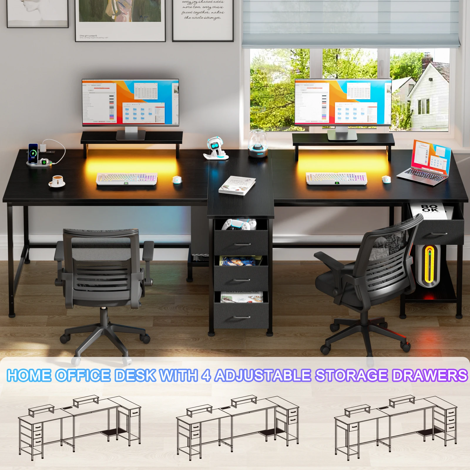 Dual workstation home office with two monitors, RGB keyboard, and a central drawer unit under a shared black desk.