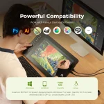 Gaomon Pd1561 V2 156 Inch Graphics Pen Display Tablet 4 | PricZone Person using a drawing tablet beside a monitor with a row of circular app icons overlaying the screen a pale green panel shows Windows Android macOS and Linux icons at the bottom conveying crossplatform compatibility | PricZone