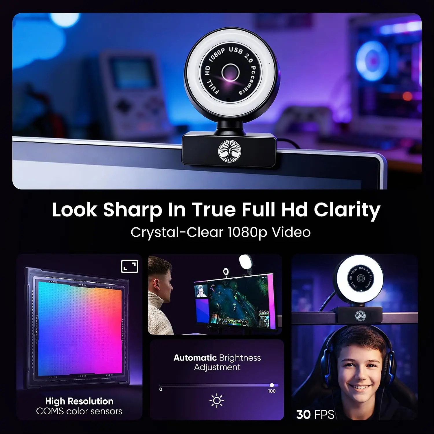 Webcam mounted on a monitor in a dim blue/purple studio with bold text advertising True Full HD clarity and 1080p video.