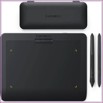 Xencelabs drawing tablet with a dark gray surface, two side-by-side pens, and a matching protective case above, all on a light background.