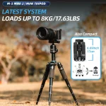 Fotopro Desktop Aluminum Tripod for Small Camera Video 5 | PricZone Camera mounted on a tripod outdoors with bold banners reading LATEST SYSTEM and LOADS UP TO 8KG1763LBS Also shows a compact product graphic on the right | PricZone