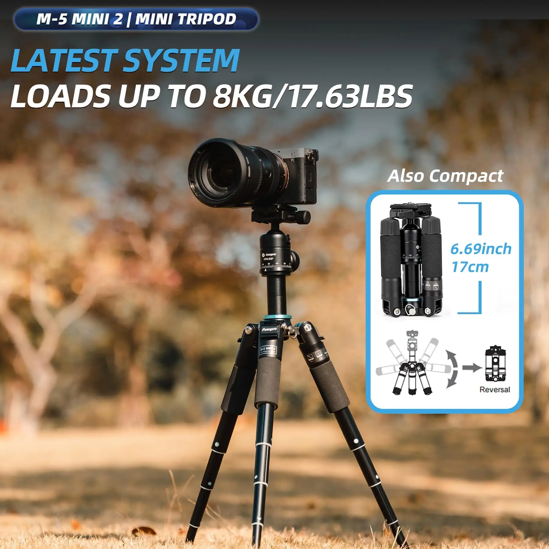 Fotopro Desktop Aluminum Tripod for Small Camera Video 5 | PricZone Camera mounted on a tripod outdoors with bold banners reading LATEST SYSTEM and LOADS UP TO 8KG1763LBS Also shows a compact product graphic on the right | PricZone