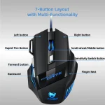 Seven button gaming mouse with blue LED accents showing labeled left right forward backward scrollmiddle rapid fire and sensitivity buttons | PricZone