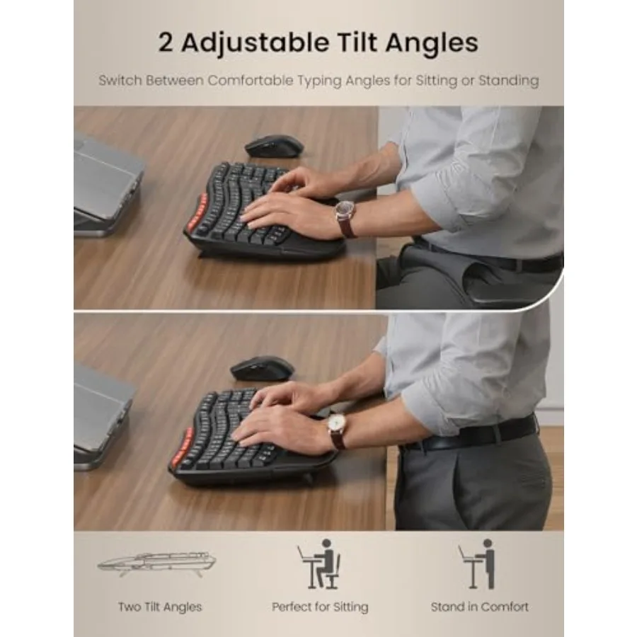 Two-panel image showing a person typing at a desk with a keyboard and mouse, demonstrating two tilt angles for sitting or standing.