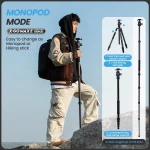 Fotopro 170Cm Carbon Fiber Tripod for Camera with Ball Head 5 | PricZone Advert image for X GO MAX E Tripod person with a hiking style monopodtripod on rocks left shows MONOPOD MODE headline and features right panel demonstrates assembly steps | PricZone