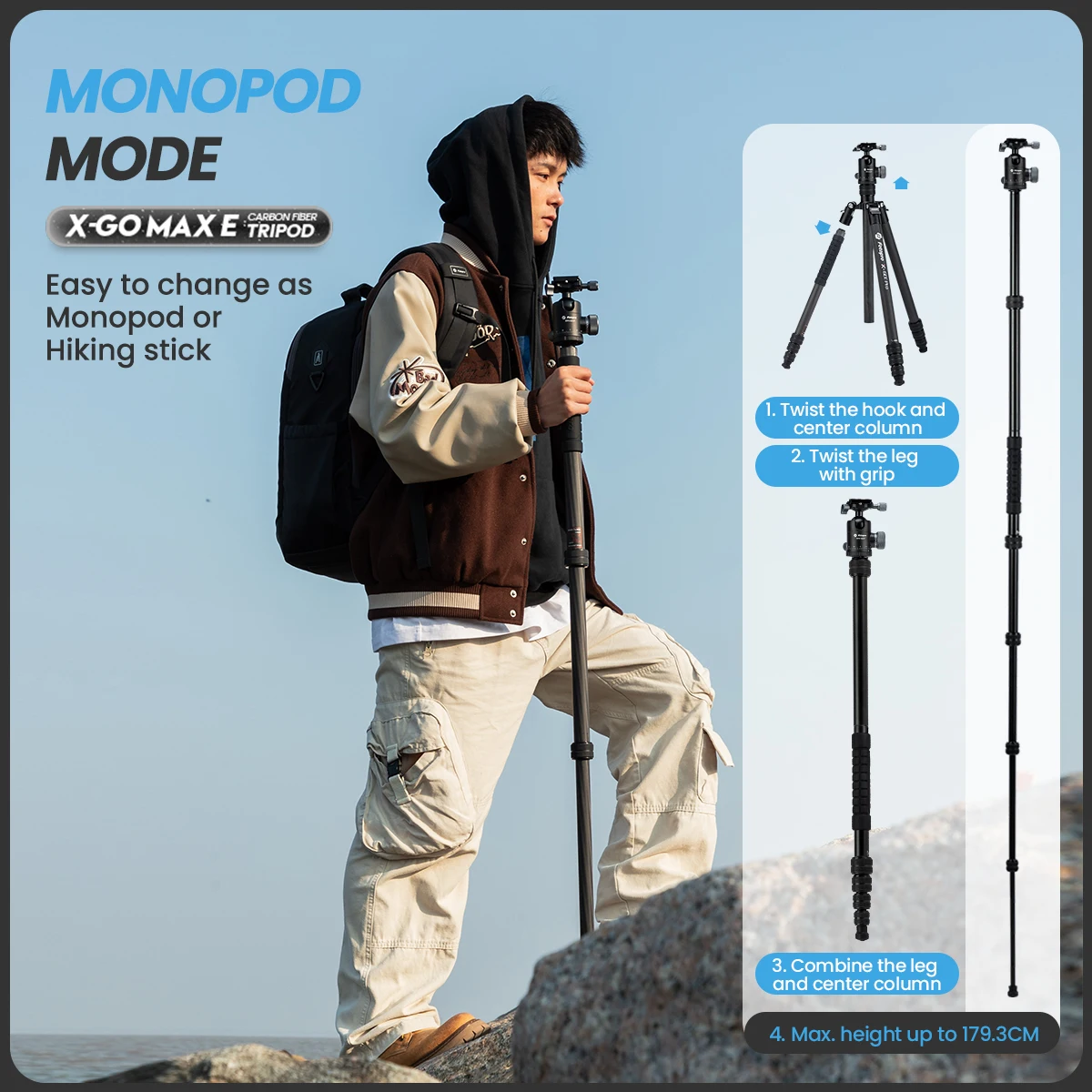 Fotopro 170Cm Carbon Fiber Tripod for Camera with Ball Head 5 | PricZone Advert image for X GO MAX E Tripod person with a hiking style monopodtripod on rocks left shows MONOPOD MODE headline and features right panel demonstrates assembly steps | PricZone