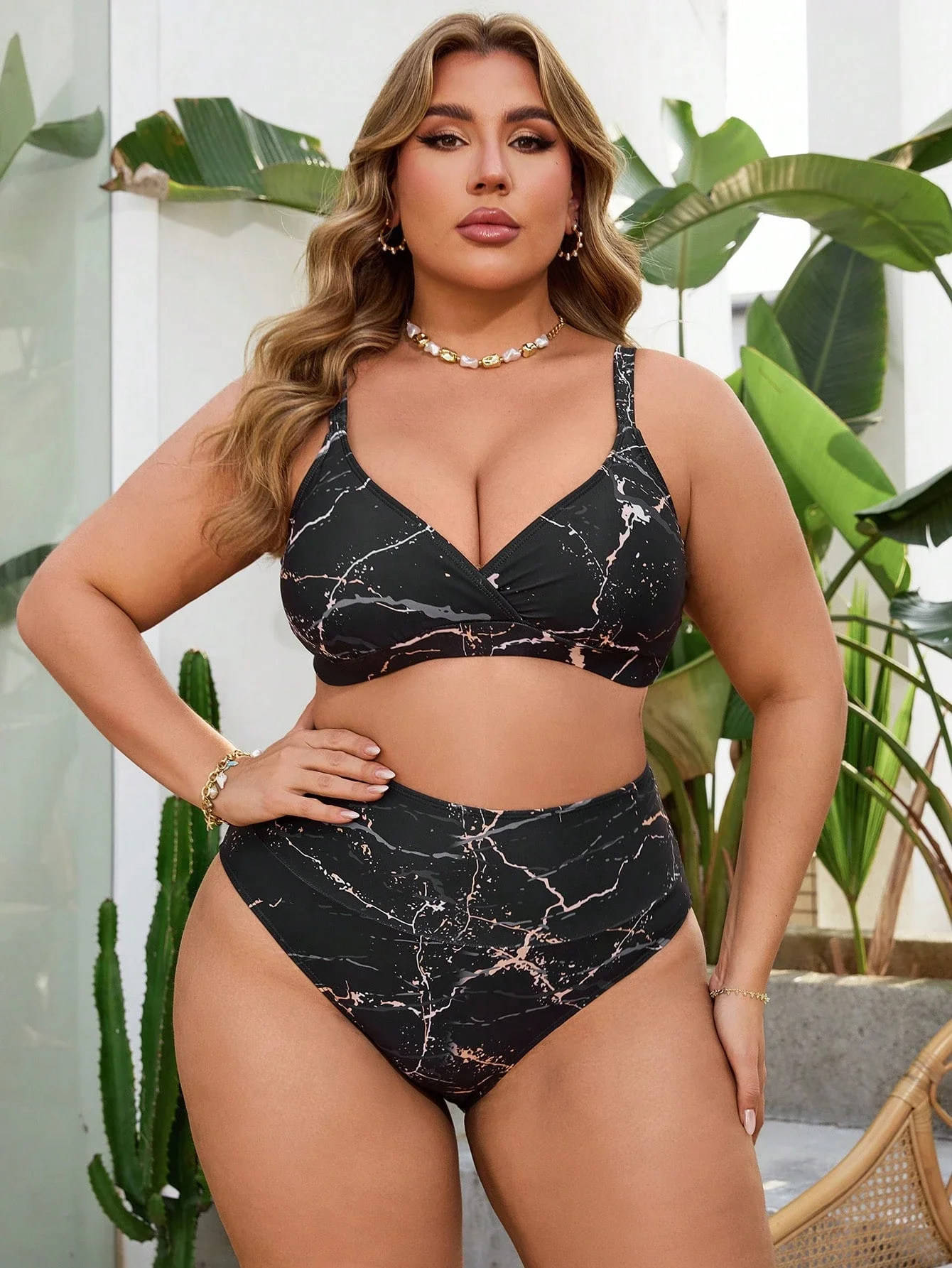 Plus Size Womens Marble Print High Waist Bikini Set 4 | PricZone Plus Size Womens Marble Print High Waist Bikini Set 4 | PricZone