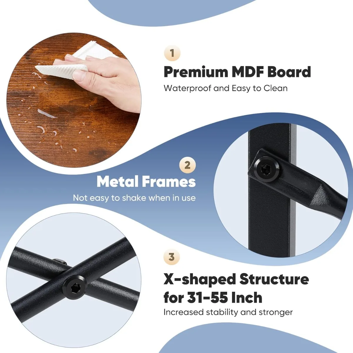 32Inch Home Office Desk with Sturdy Steel Frame 6 | PricZone Infographic highlighting product features premium MDF board metal frames and X shaped structure for 3155 inch screens | PricZone