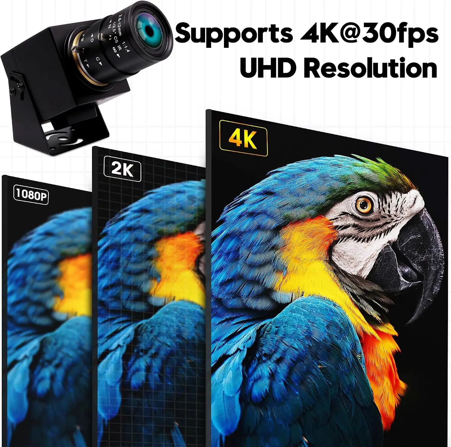 Banner showing the text 'Supports 4K@30fps UHD Resolution' over angled 4K monitor panels displaying a parrot image with a camera lens in the corner.
