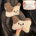 Cute Dog Design Car Seat Headrest and Lumbar Pillow 6 | PricZone Two fluffy bone shaped plush pillows with brown ears and smiling faces resting on car seats in a vehicle interior | PricZone
