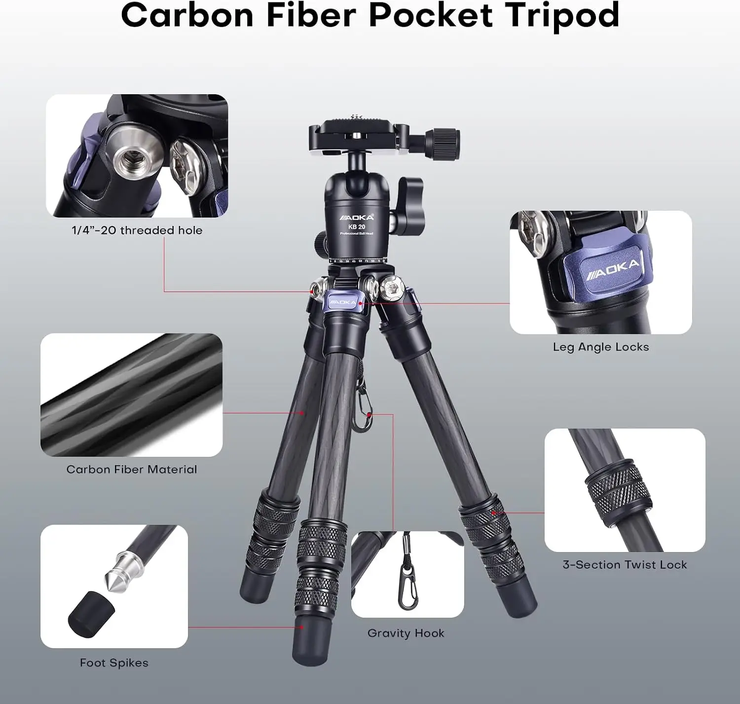 Carbon Fiber Tripod 0.99 Lbs Compact Pocket Travel 9