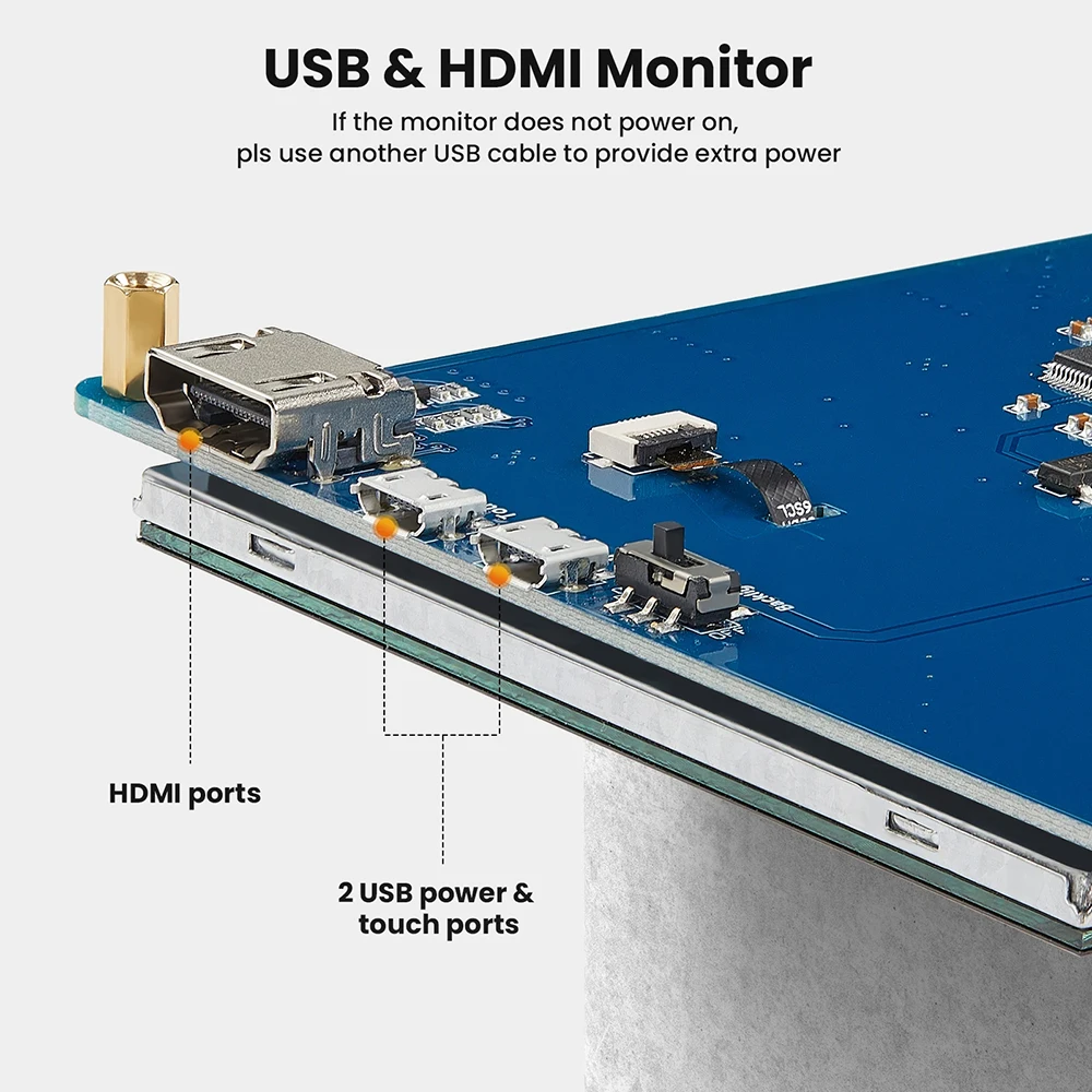 Diagram of a monitor edge labeling HDMI ports and two USB power/touch ports with a power-instruction note.