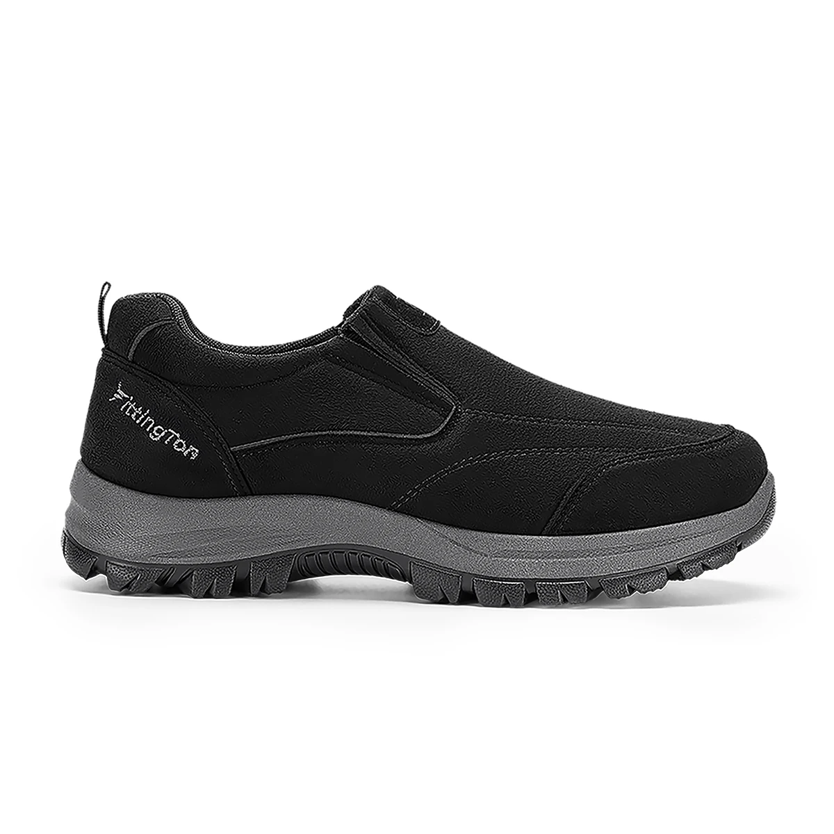 Black slip-on sneaker with a chunky gray sole and Timberland logo on the heel edge.