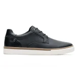 Black leather lace up sneaker with a white thick sole and tan midsole stripe | PricZone