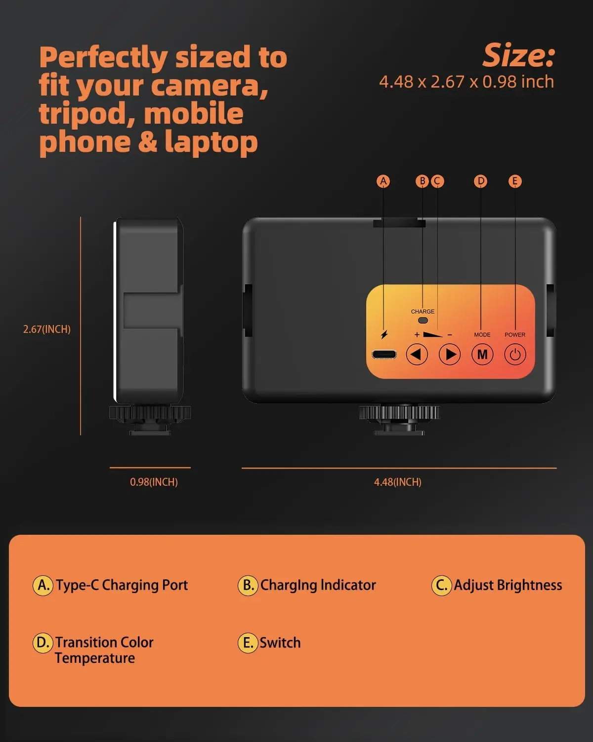 Compact charger diagram with dimensions 4.48 x 2.67 x 0.98 in; labeled A-E indicating ports and controls: A Type-C charging port, B Charging indicator, C Adjust brightness, D Transition color temperature, E Switch.
