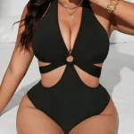 Black Plus Size Halter One Piece Swimsuit with Side Cutouts 4 | PricZone Black Plus Size Halter One Piece Swimsuit with Side Cutouts 4 | PricZone