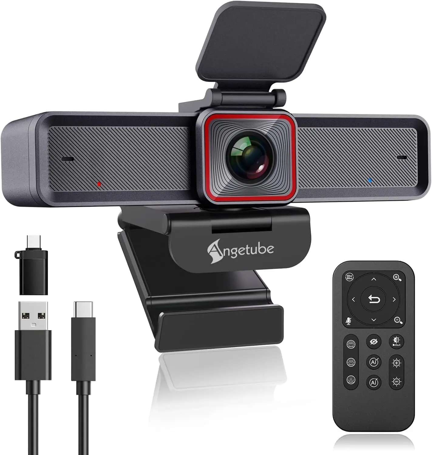 Webcam on an adjustable mount with a red-trim lens, plus remote control and USB cables shown in the kit.