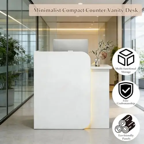 Reception Desk with Lockable Drawers and Checkout Counter 4 | PricZone Minimalist white compact counter vanity desk in a glass walled modern showroom with soft lighting | PricZone