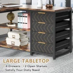 Tribesigns LShaped Computer Desk with Storage Drawers 5 | PricZone Large L shaped office desk with a wood top gold chevron pattern drawer fronts four drawers and open side shelves in a modern workspace | PricZone