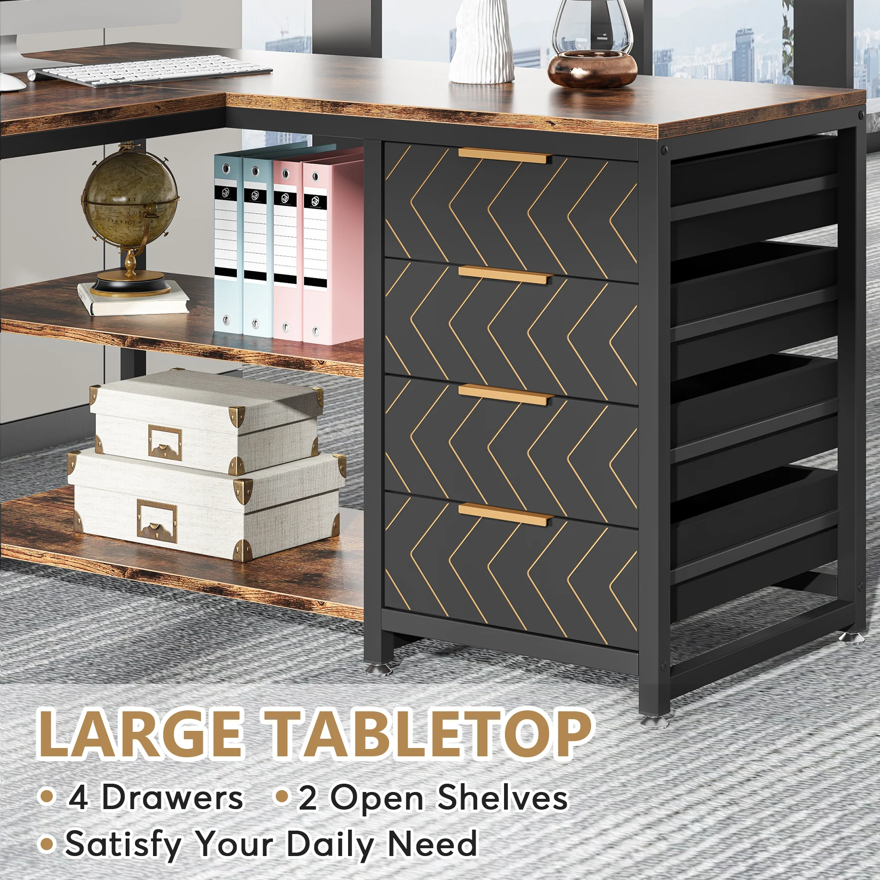 Tribesigns LShaped Computer Desk with Storage Drawers 5 | PricZone Large L shaped office desk with a wood top gold chevron pattern drawer fronts four drawers and open side shelves in a modern workspace | PricZone