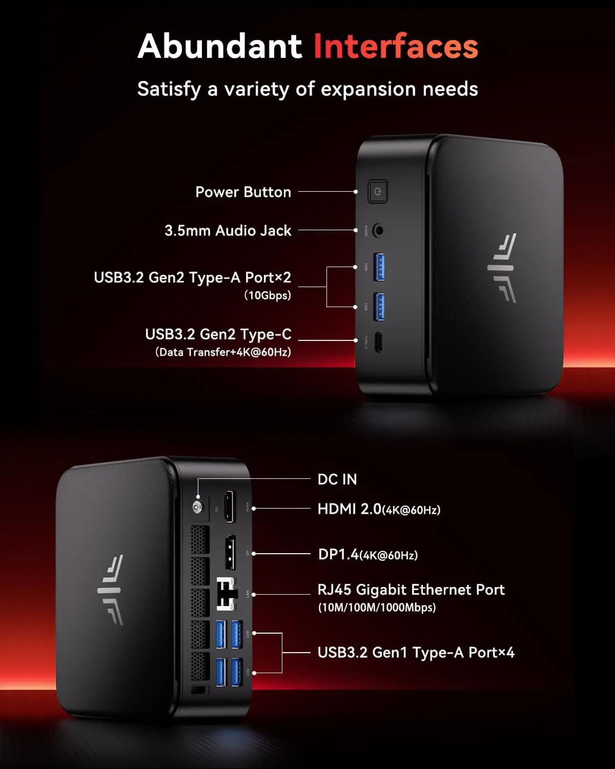 Amd Ryzen 7 Gaming PC Desktop Computer 2 | PricZone Front and back views of a black mini PC with labeled ports power button 35mm audio jack USB 32 Gen2 Type A x2 USB C DC input HDMI 20 DP 14 RJ45 Ethernet and USB 32 Gen1 Type A x4 | PricZone