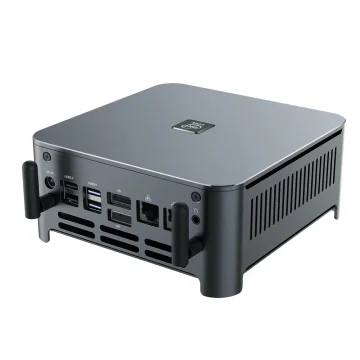 Silver mini PC with front I/O: DC-in, USB 2.0/3.0, HDMI, Ethernet, and ventilation slots on a compact chassis