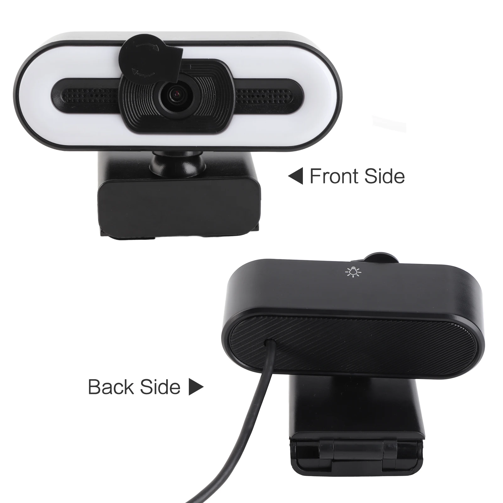 Front-facing view of a black and white USB webcam mounted on a stand, showing the lens and sensor grill; labeled 'Front Side'.