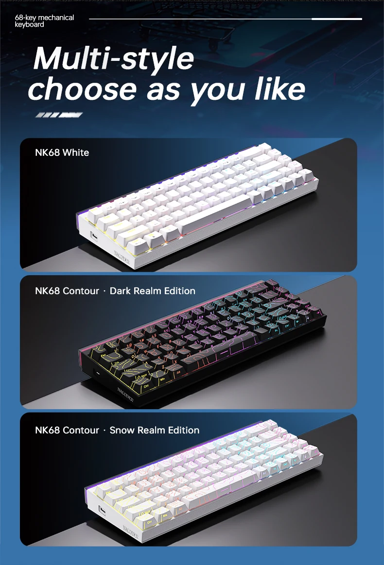 Advertisement showcasing NK68 mechanical keyboards in white, contour dark realm, and contour snow realm editions on rounded blue panels.