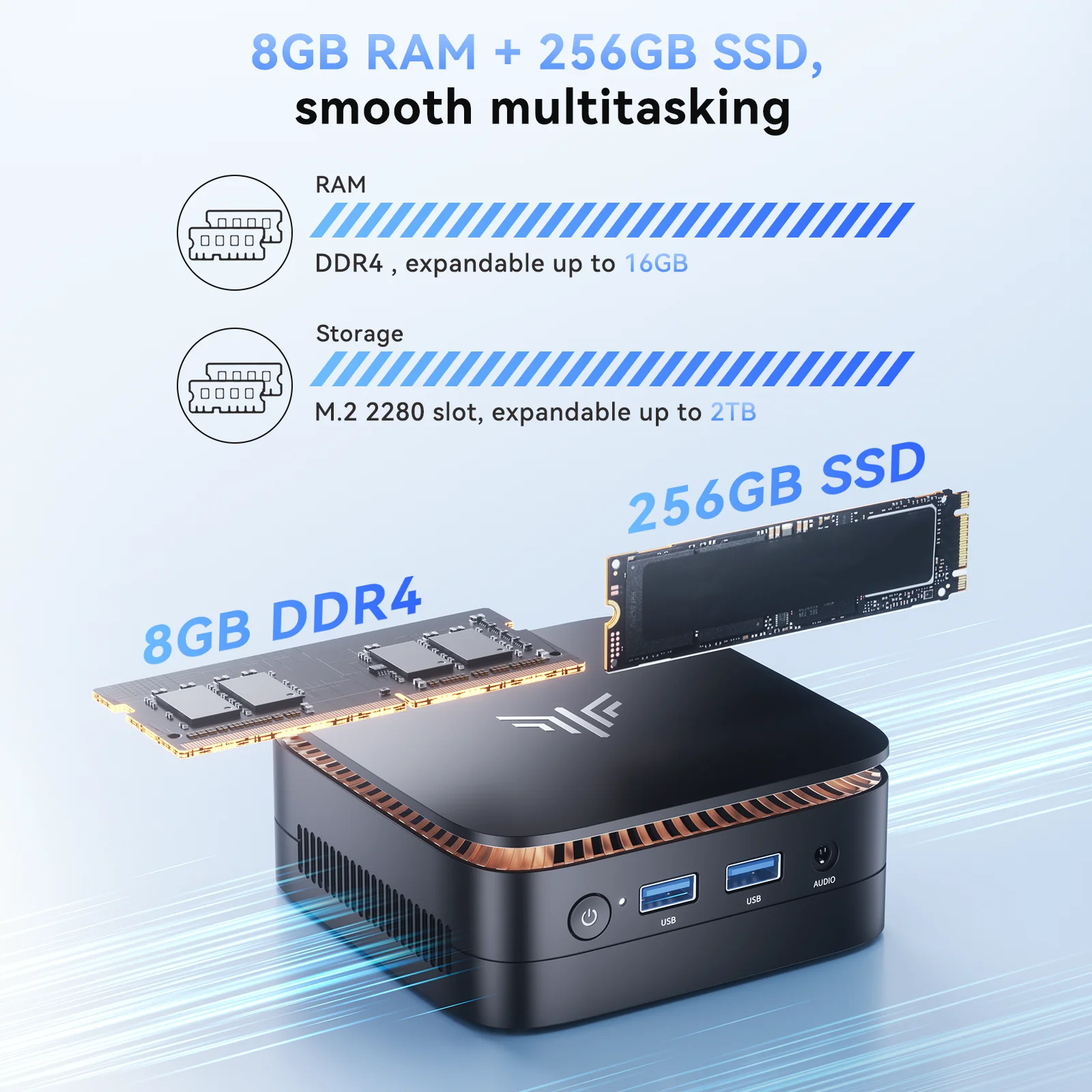 Infographic showing 8GB RAM + 256GB SSD for smooth multitasking, with RAM expandable to 16GB and storage expandable up to 2TB.