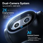 DualCamera AI PTZ 2K Webcam with AutoTracking and Gesture 2 | PricZone Advertising image showing a dual camera system on a headset a 2K imaging camera and AI assisted camera features with notes about 2K30FPS 1080P60FPS PDAF autofocus better facial imaging and faster steadier autofocus | PricZone