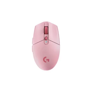 Pink wireless gaming mouse with scroll wheel, top view on white background